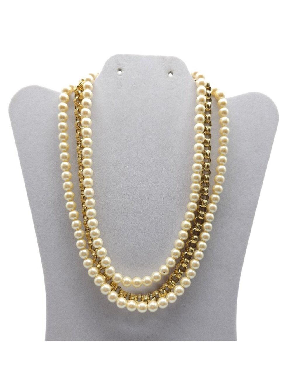 Givenchy Vintage Gold Faux Pearl Triple Strand Necklace Greek Key Clasp 18 Inch